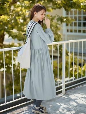 マタニティ ワンピース|ウエスト切替ギャザーワンピース　マタニティ・授乳服【出産後も長く使える】|グレイッシュブルー