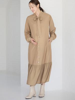 マタニティ ワンピース|前後２WAYボウタイティアードワンピース　マタニティ・授乳服【出産後も長く使える】|ベージュ