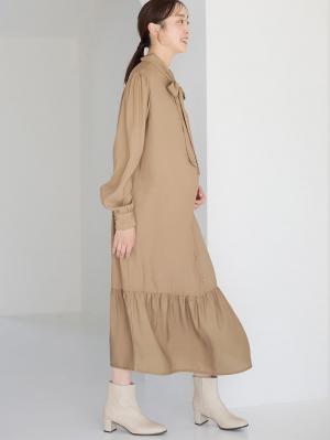 マタニティ ワンピース|前後２WAYボウタイティアードワンピース　マタニティ・授乳服【出産後も長く使える】|ベージュ
