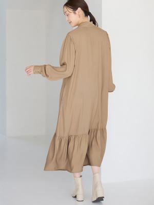 マタニティ ワンピース|前後２WAYボウタイティアードワンピース　マタニティ・授乳服【出産後も長く使える】|ベージュ