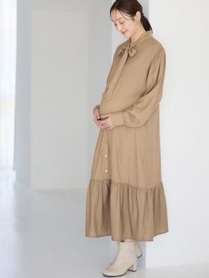 マタニティ ワンピース|前後２WAYボウタイティアードワンピース　マタニティ・授乳服【出産後も長く使える】|ベージュ