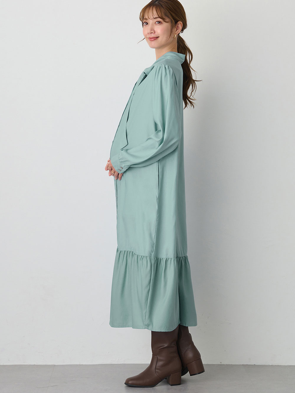 マタニティ ワンピース|前後２WAYボウタイティアードワンピース　マタニティ・授乳服【出産後も長く使える】|グレイッシュブルー