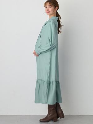 マタニティ ワンピース|前後２WAYボウタイティアードワンピース　マタニティ・授乳服【出産後も長く使える】|グレイッシュブルー