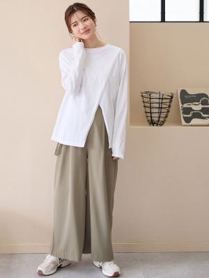 マタニティ パンツ|サスペンダー付きワイドパンツ　マタニティ・産後【出産後も長く使える】|モカベージュ