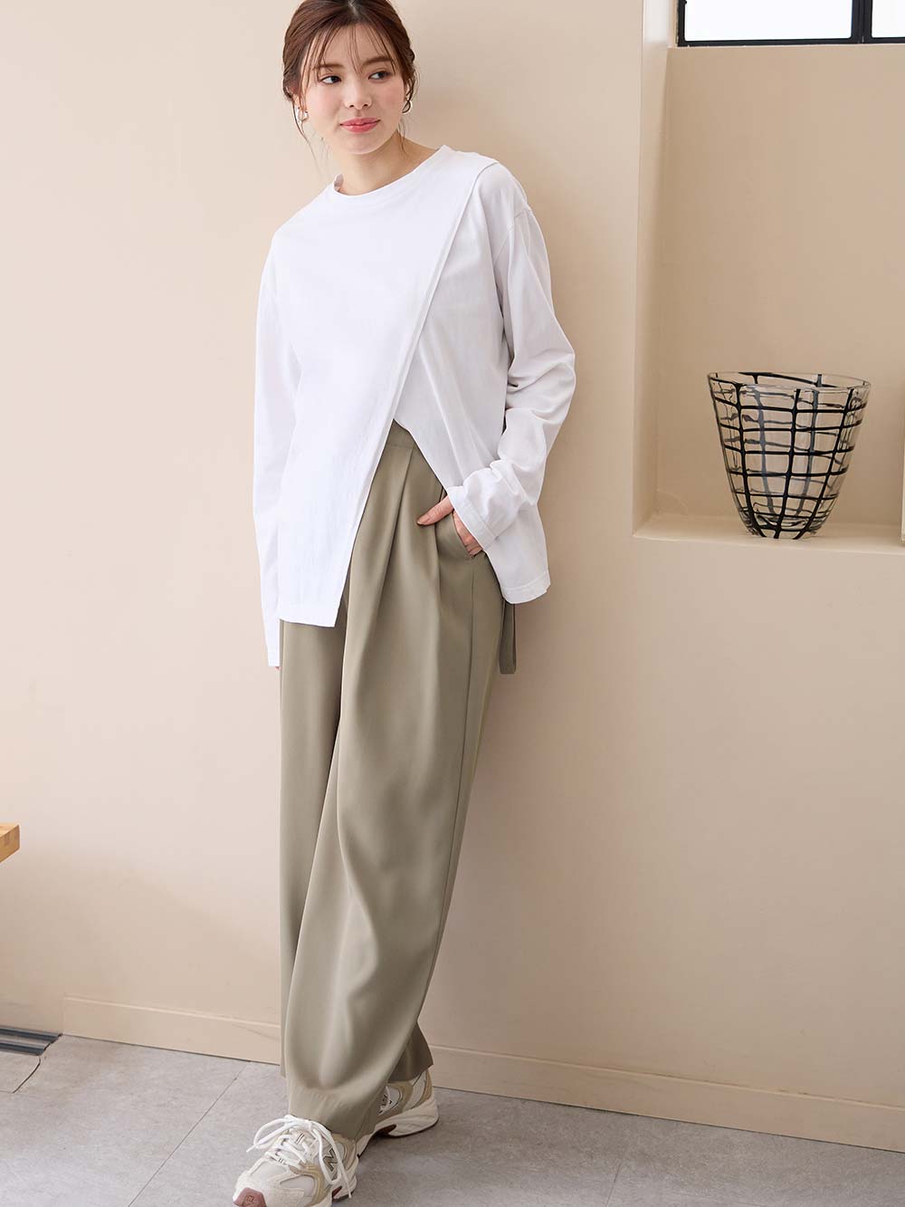 マタニティ パンツ|サスペンダー付きワイドパンツ　マタニティ・産後【出産後も長く使える】|モカベージュ