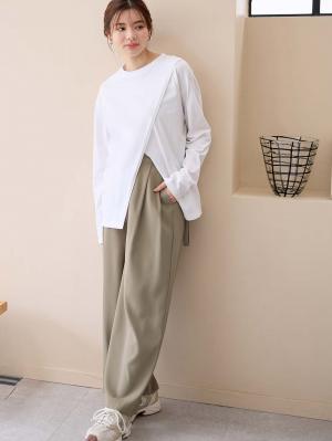 マタニティ パンツ|サスペンダー付きワイドパンツ　マタニティ・産後【出産後も長く使える】|モカベージュ