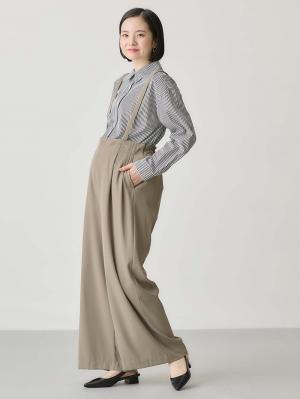 マタニティ パンツ|サスペンダー付きワイドパンツ　マタニティ・産後【出産後も長く使える】|モカベージュ