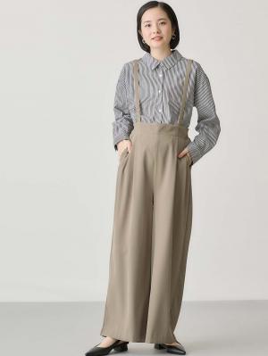 マタニティ パンツ|サスペンダー付きワイドパンツ　マタニティ・産後【出産後も長く使える】|モカベージュ