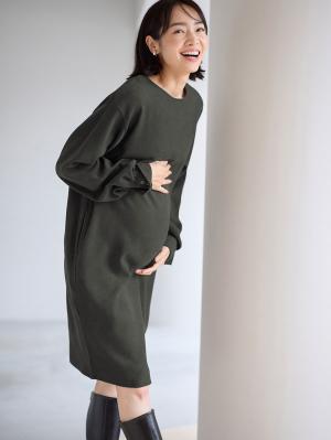 マタニティ ワンピース|微起毛ツイルミニワンピース　マタニティ・授乳服【出産後も長く使える】|チャコール