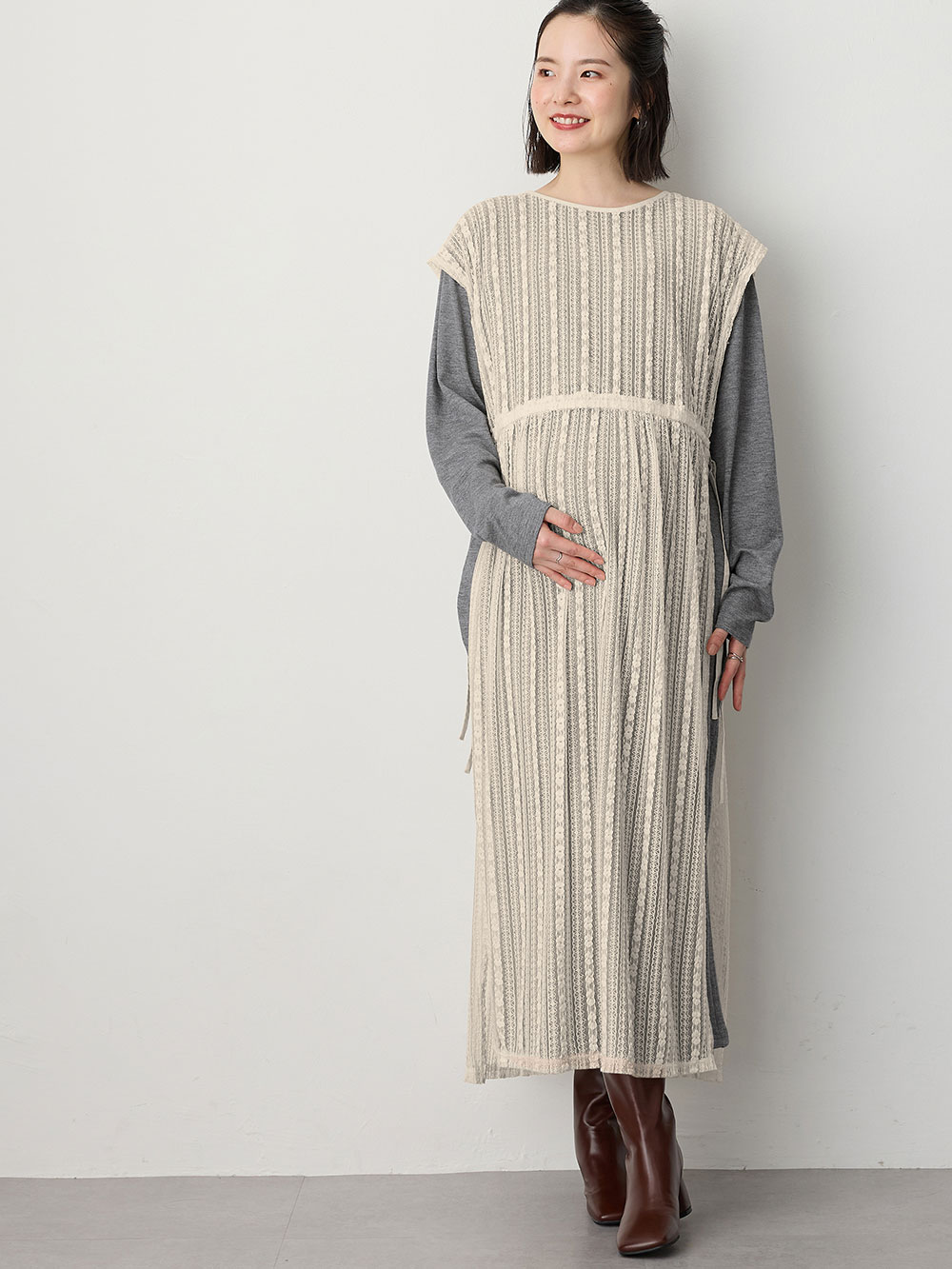 マタニティ ワンピース|レースワンピース×ニットソーワンピースセット　マタニティ・授乳服【出産後も長く使える】|アイボリー