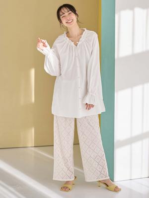 マタニティ トップス|綿混フリルブラウス マタニティ・授乳服【出産後も長く使える】|オフ
