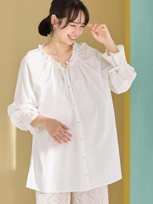 マタニティ トップス|綿混フリルブラウス マタニティ・授乳服【出産後も長く使える】|オフ