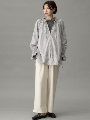 マタニティ トップス|綿混フリルブラウス マタニティ・授乳服【出産後も長く使える】|ストライプ