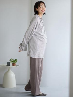 マタニティ トップス|綿混フリルブラウス マタニティ・授乳服【出産後も長く使える】|ストライプ