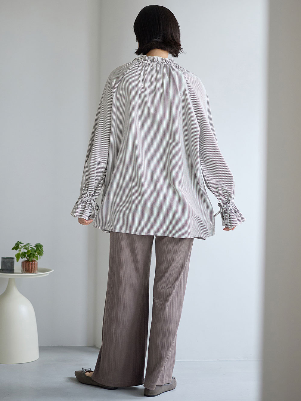 マタニティ トップス|綿混フリルブラウス マタニティ・授乳服【出産後も長く使える】|ストライプ