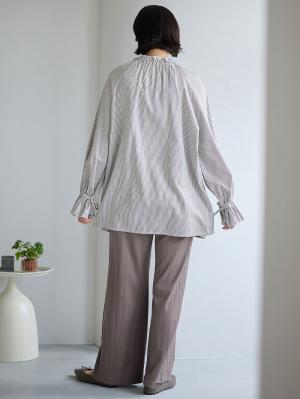マタニティ トップス|綿混フリルブラウス マタニティ・授乳服【出産後も長く使える】|ストライプ