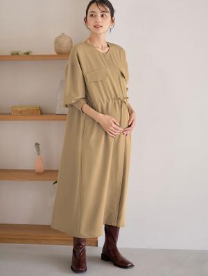マタニティ ワンピース|羽織りにもなるフラップポケットワンピース　マタニティ・授乳服【出産後も長く使える】|ベージュ