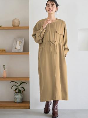 マタニティ ワンピース|羽織りにもなるフラップポケットワンピース　マタニティ・授乳服【出産後も長く使える】|ベージュ