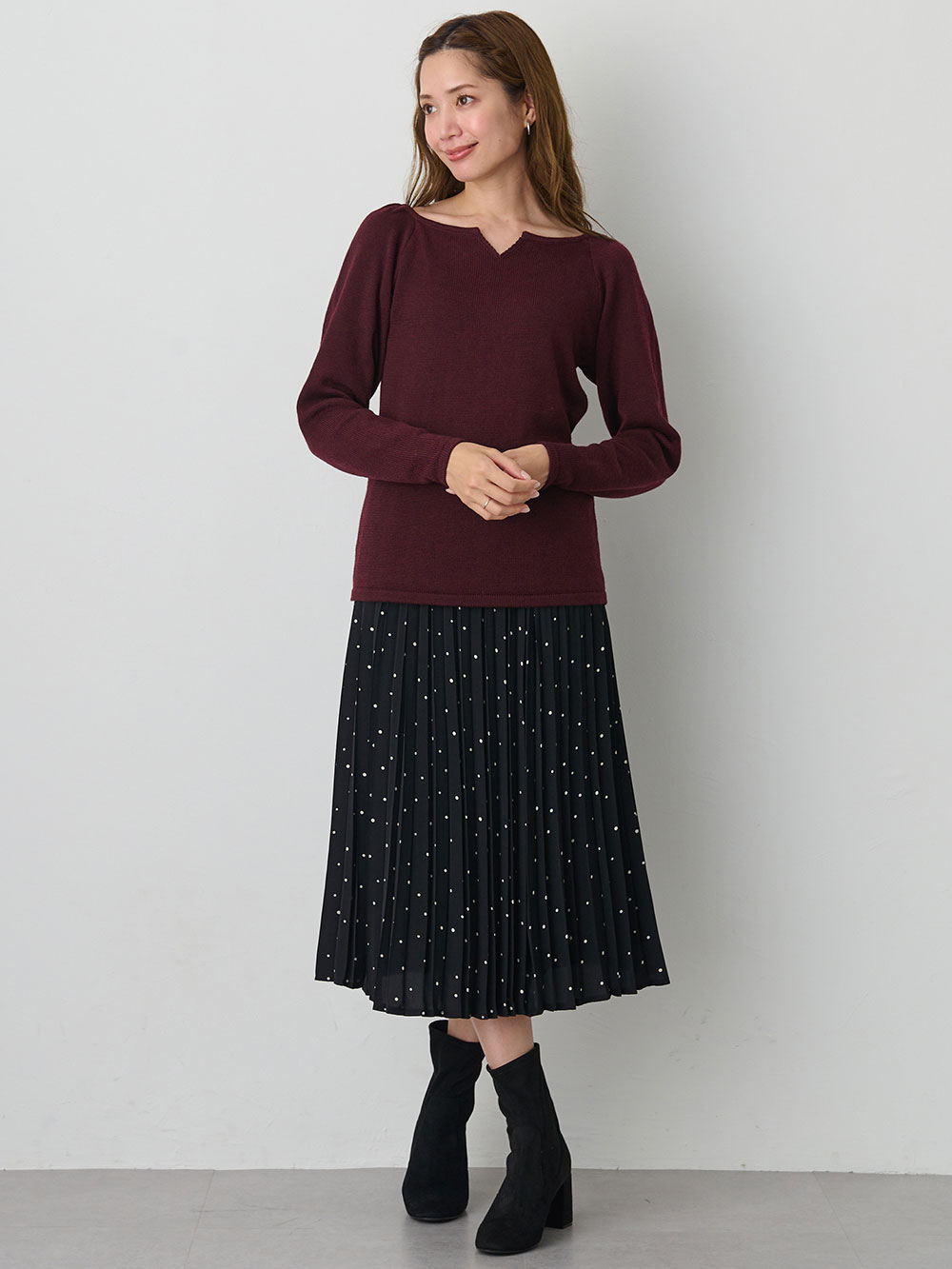 マタニティ スカート|ドット柄プリーツスカート　マタニティ・産後【出産後も長く使える】|ブラック