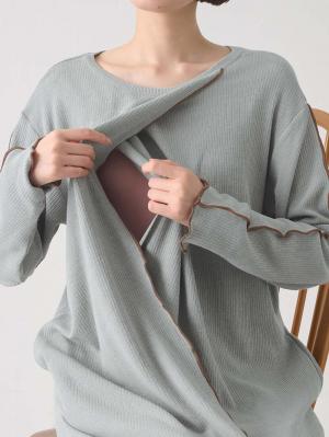 マタニティ パジャマ・ルームウェア|綿混長袖リブネグリジェ マタニティ・産後授乳パジャマ【出産後も長く使える】
