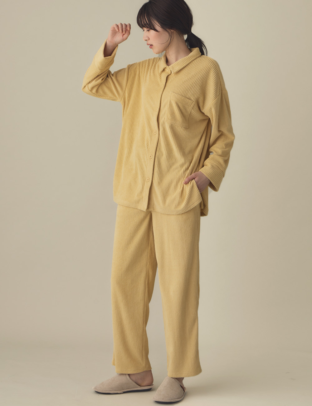 マタニティ パジャマ・ルームウェア|綿混パイルリブシャツ&パンツパジャマ　マタニティ・産後授乳パジャマ【出産後も長く使える】|イエロー