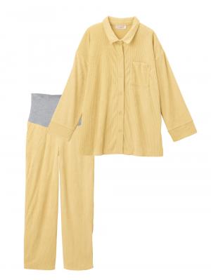 マタニティ パジャマ・ルームウェア|綿混パイルリブシャツ&パンツパジャマ　マタニティ・産後授乳パジャマ【出産後も長く使える】|イエロー