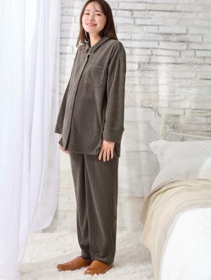 マタニティ パジャマ・ルームウェア|綿混パイルリブシャツ&パンツパジャマ　マタニティ・産後授乳パジャマ【出産後も長く使える】|チャコール