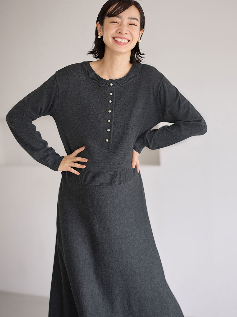 パールボタンワンピース マタニティ・授乳服【出産後も長く