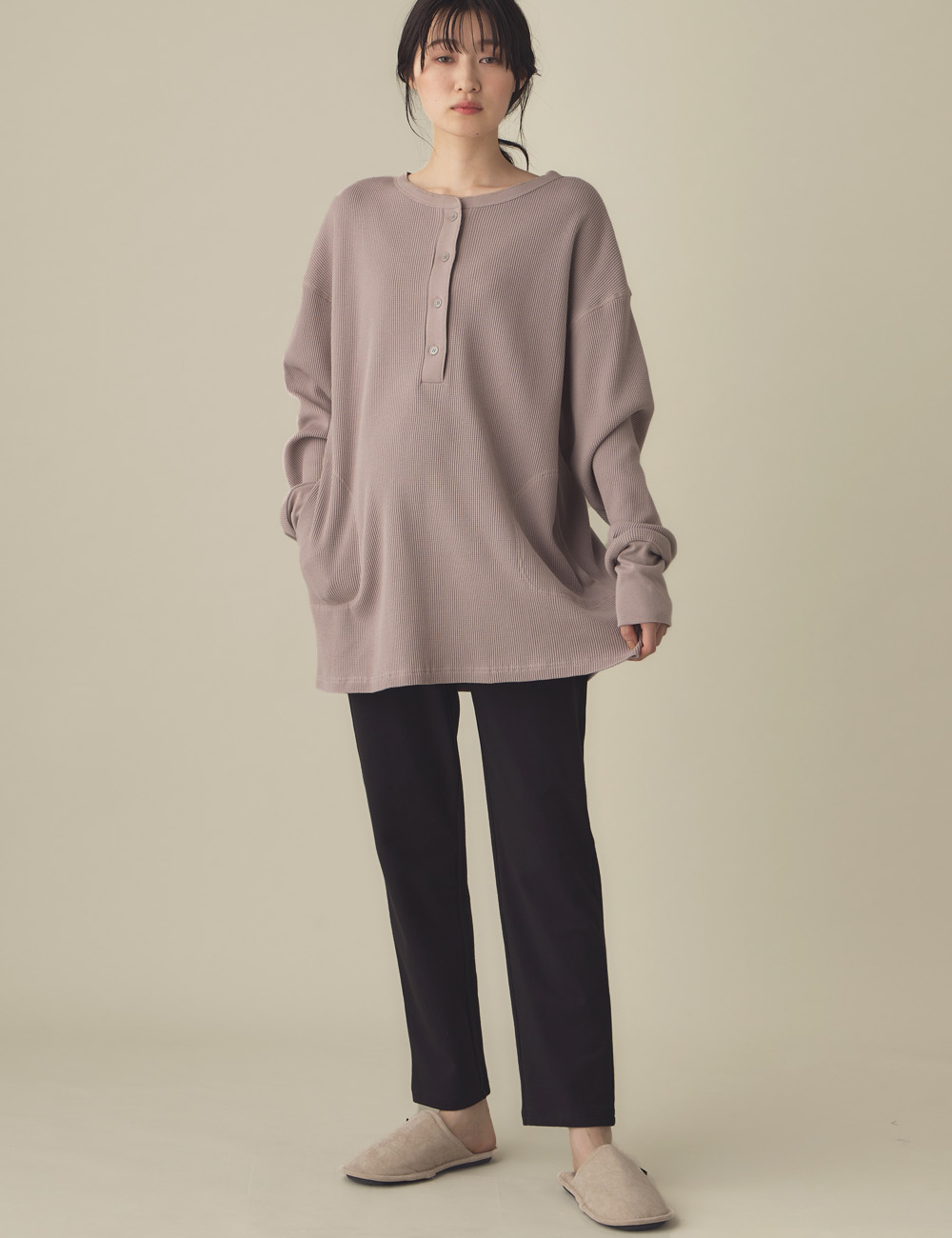 マタニティ パジャマ・ルームウェア|綿100％長袖サーマルビッグＴＥＥ&産後も使えるパンツパジャマ　マタニティ・授乳パジャマ【出産後も長く使える】|ピンクブラウン