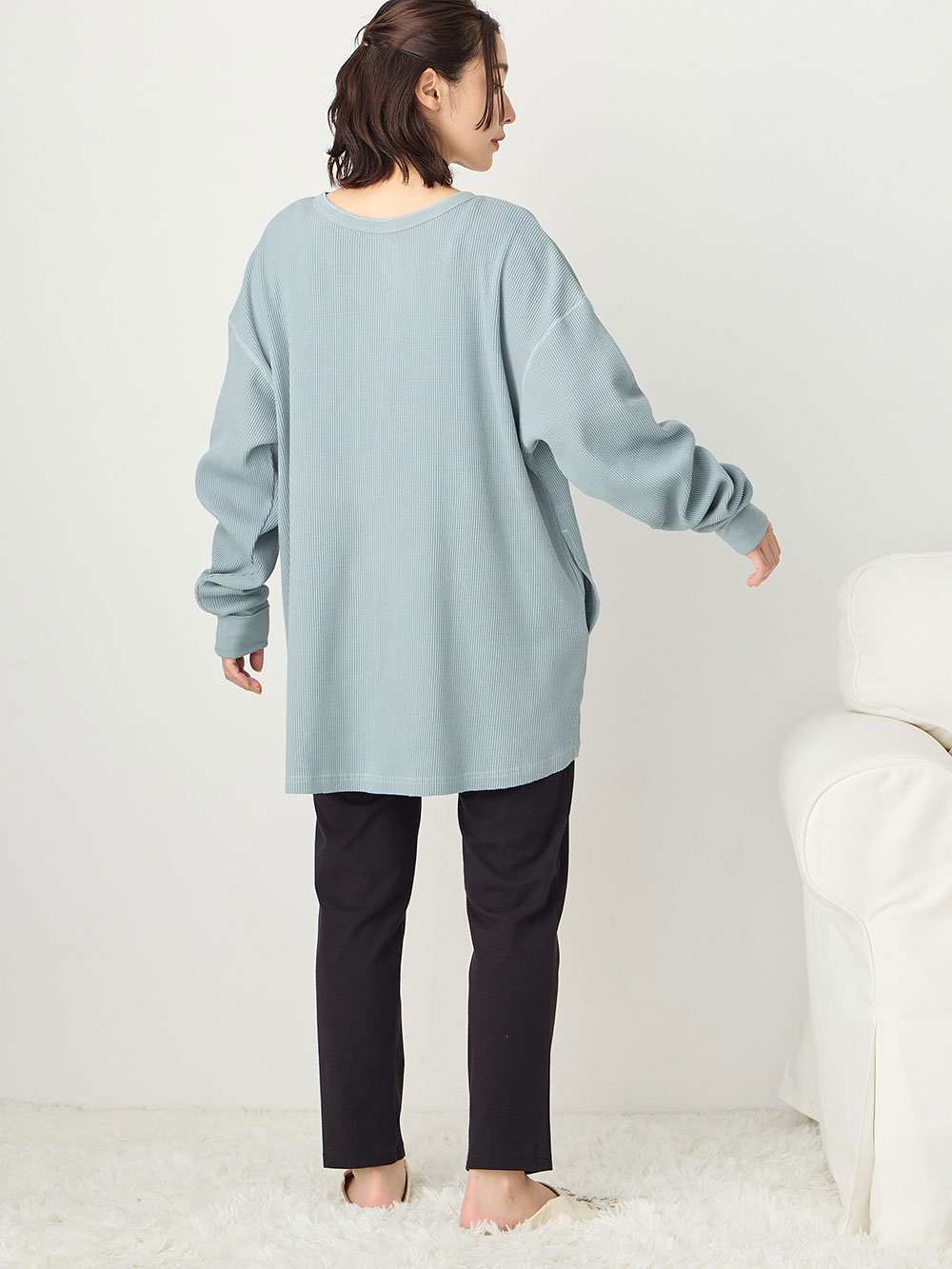 マタニティ パジャマ・ルームウェア|綿100％長袖サーマルビッグＴＥＥ&産後も使えるパンツパジャマ　マタニティ・授乳パジャマ【出産後も長く使える】|グレイッシュブルー