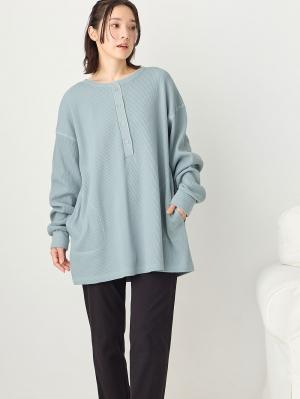 マタニティ パジャマ・ルームウェア|綿100％長袖サーマルビッグＴＥＥ&産後も使えるパンツパジャマ　マタニティ・授乳パジャマ【出産後も長く使える】|グレイッシュブルー