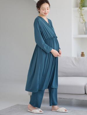 マタニティ パジャマ・ルームウェア|しっとり感触カシュクールワンピース&産後も使えるパンツパジャマ　マタニティ・授乳パジャマ【出産後も長く使える】|フォレストグリーン