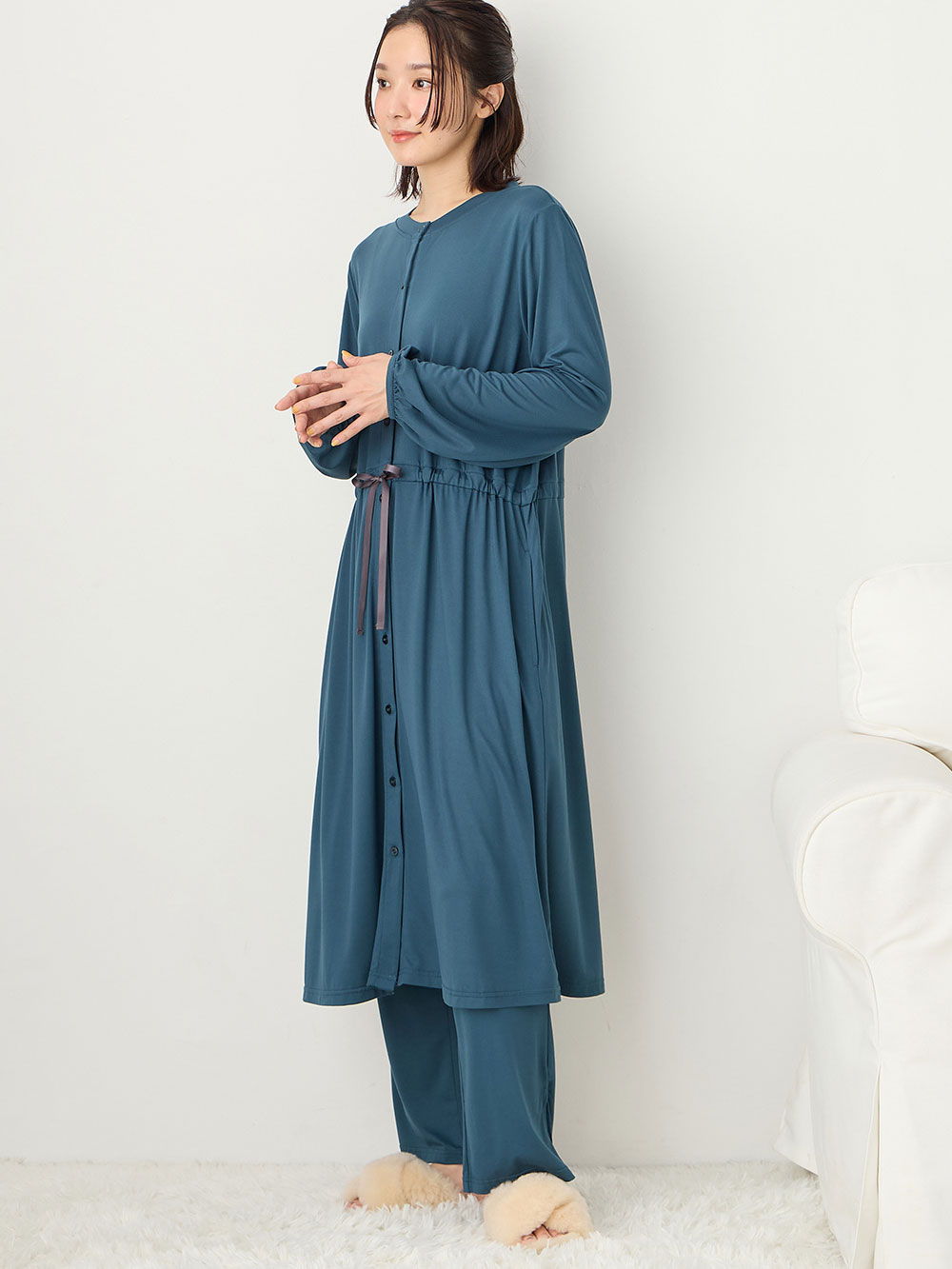マタニティ パジャマ・ルームウェア|しっとり感触ウエスト切替ワンピース＆産後も使えるパンツパジャマ　マタニティ・授乳パジャマ【出産後も長く使える】|フォレストグリーン