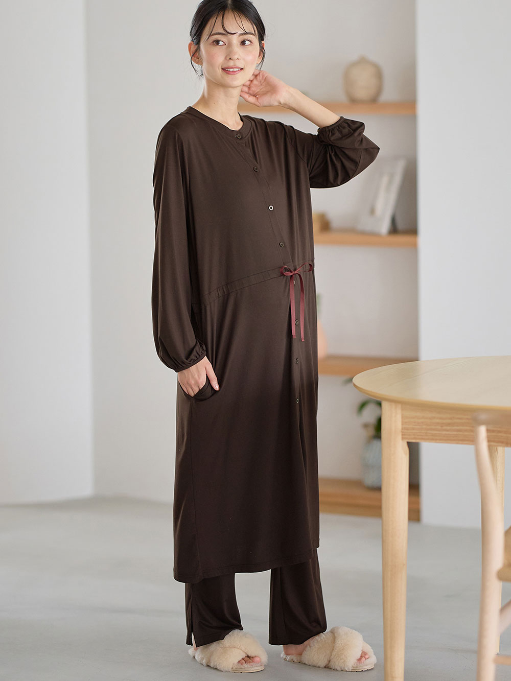 マタニティ パジャマ・ルームウェア|しっとり感触ウエスト切替ワンピース＆産後も使えるパンツパジャマ　マタニティ・授乳パジャマ【出産後も長く使える】|ブラウン