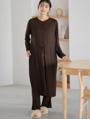 マタニティ パジャマ・ルームウェア|しっとり感触ウエスト切替ワンピース＆産後も使えるパンツパジャマ　マタニティ・授乳パジャマ【出産後も長く使える】|ブラウン