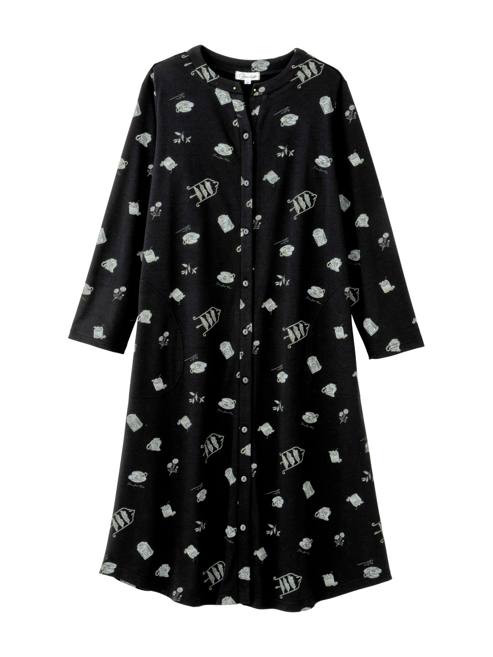 マタニティ パジャマ・ルームウェア|スムース素材ティータイムモチーフネグリジェ　マタニティ・産後授乳服【出産後も長く使える】Rosemadame（ローズマダム）|ブラック