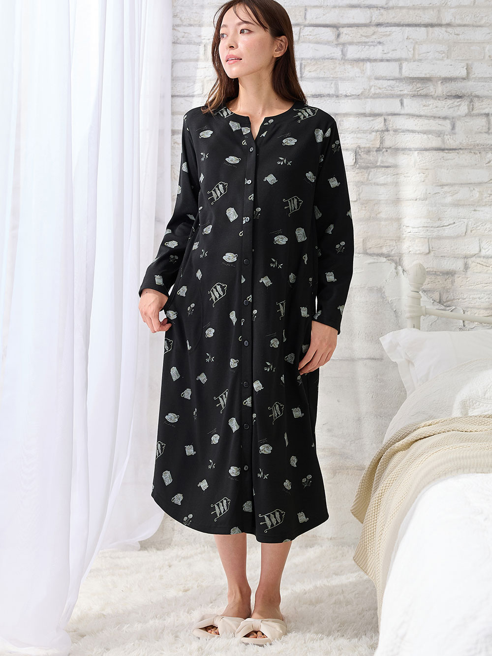 マタニティ パジャマ・ルームウェア|スムース素材ティータイムモチーフネグリジェ　マタニティ・産後授乳服【出産後も長く使える】Rosemadame（ローズマダム）|ブラック