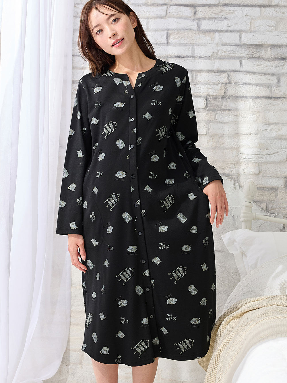 マタニティ パジャマ・ルームウェア|スムース素材ティータイムモチーフネグリジェ　マタニティ・産後授乳服【出産後も長く使える】Rosemadame（ローズマダム）|ブラック