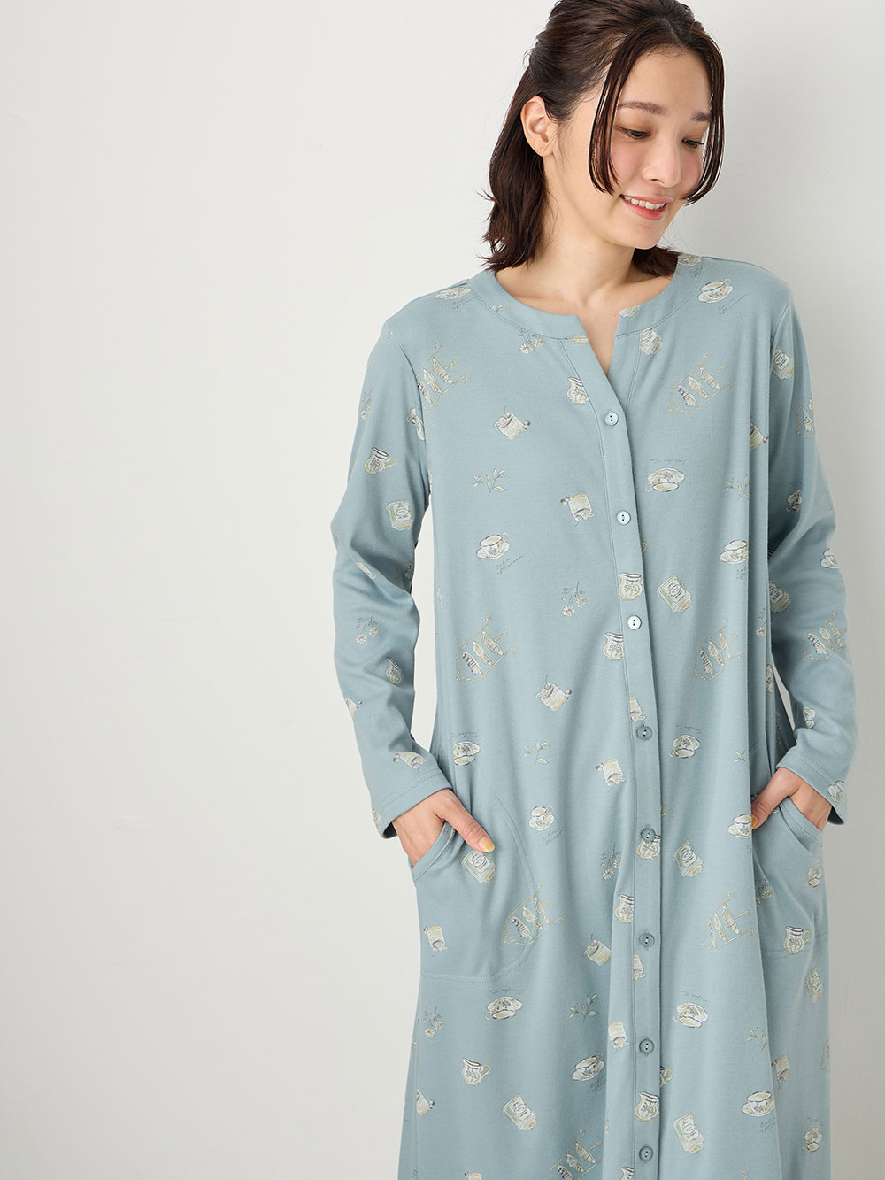 マタニティ パジャマ・ルームウェア|スムース素材ティータイムモチーフネグリジェ　マタニティ・産後授乳服【出産後も長く使える】Rosemadame（ローズマダム）|サックス