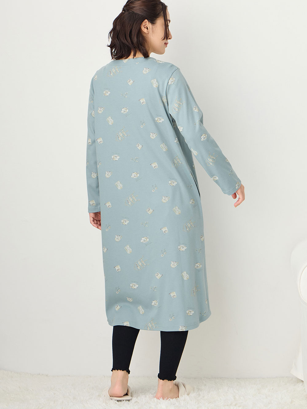 マタニティ パジャマ・ルームウェア|スムース素材ティータイムモチーフネグリジェ　マタニティ・産後授乳服【出産後も長く使える】Rosemadame（ローズマダム）|サックス