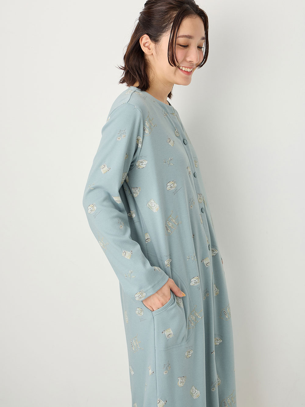 マタニティ パジャマ・ルームウェア|スムース素材ティータイムモチーフネグリジェ　マタニティ・産後授乳服【出産後も長く使える】Rosemadame（ローズマダム）|サックス