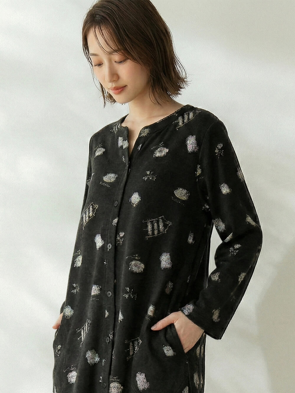 マタニティ パジャマ・ルームウェア|スムース素材ティータイムモチーフネグリジェ　マタニティ・産後授乳服【出産後も長く使える】Rosemadame（ローズマダム）|ブラック