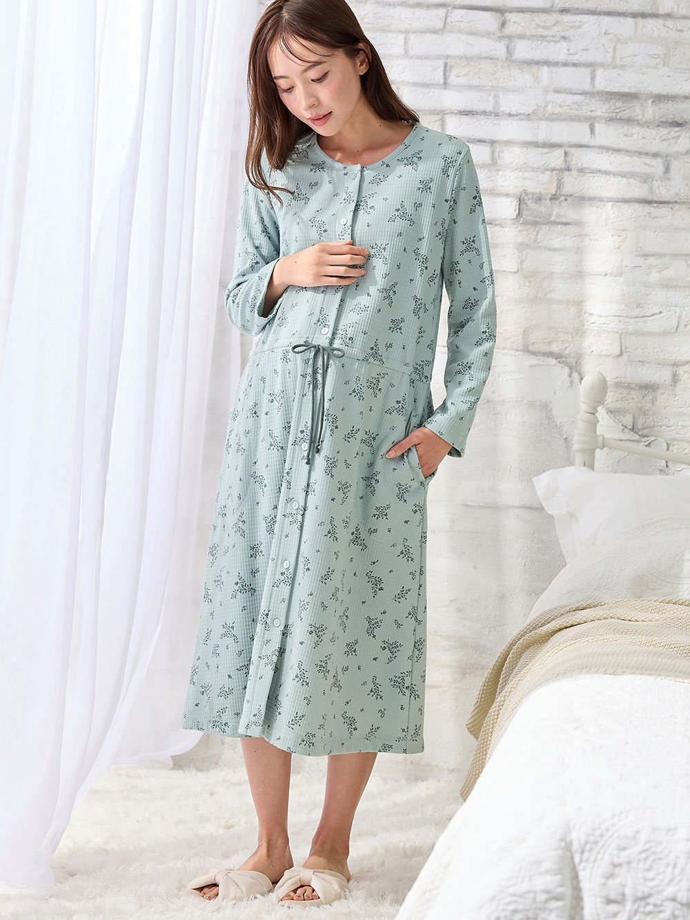 マタニティ パジャマ・ルームウェア|ワッフルフェイス裏起毛花柄ネグリジェ　マタニティ・産後授乳服【出産後も長く使える】Rosemadame（ローズマダム）