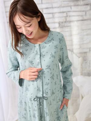 マタニティ パジャマ・ルームウェア|ワッフルフェイス裏起毛花柄ネグリジェ　マタニティ・産後授乳服【出産後も長く使える】Rosemadame（ローズマダム）|ライトグリーン