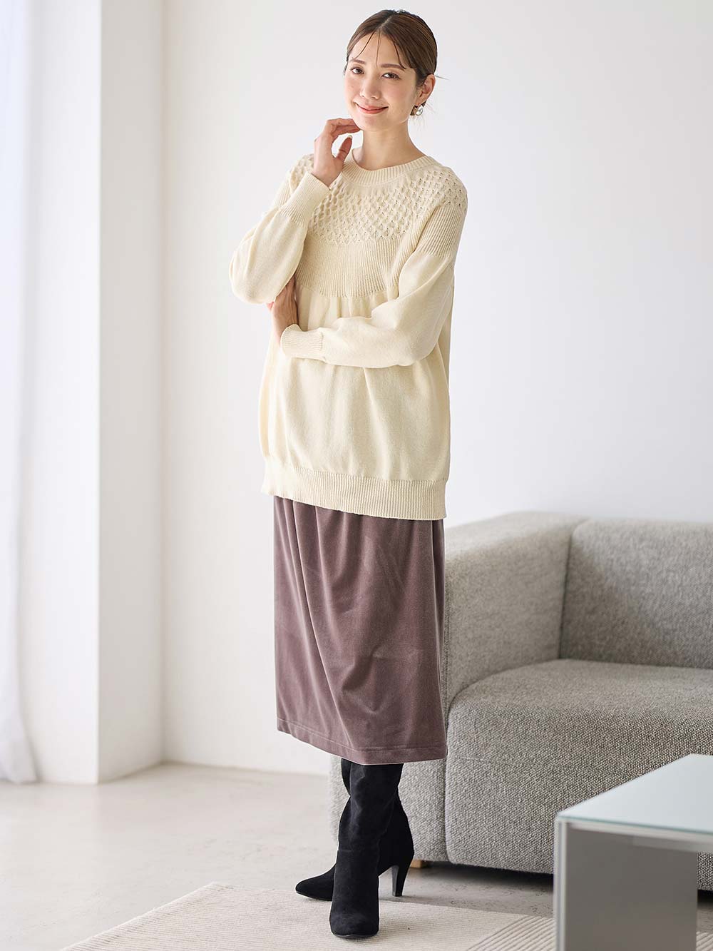 マタニティ トップス|ニットジャガードチュニック　マタニティ・産後授乳服【出産後も長く使える】Rosemadame（ローズマダム）|アイボリー