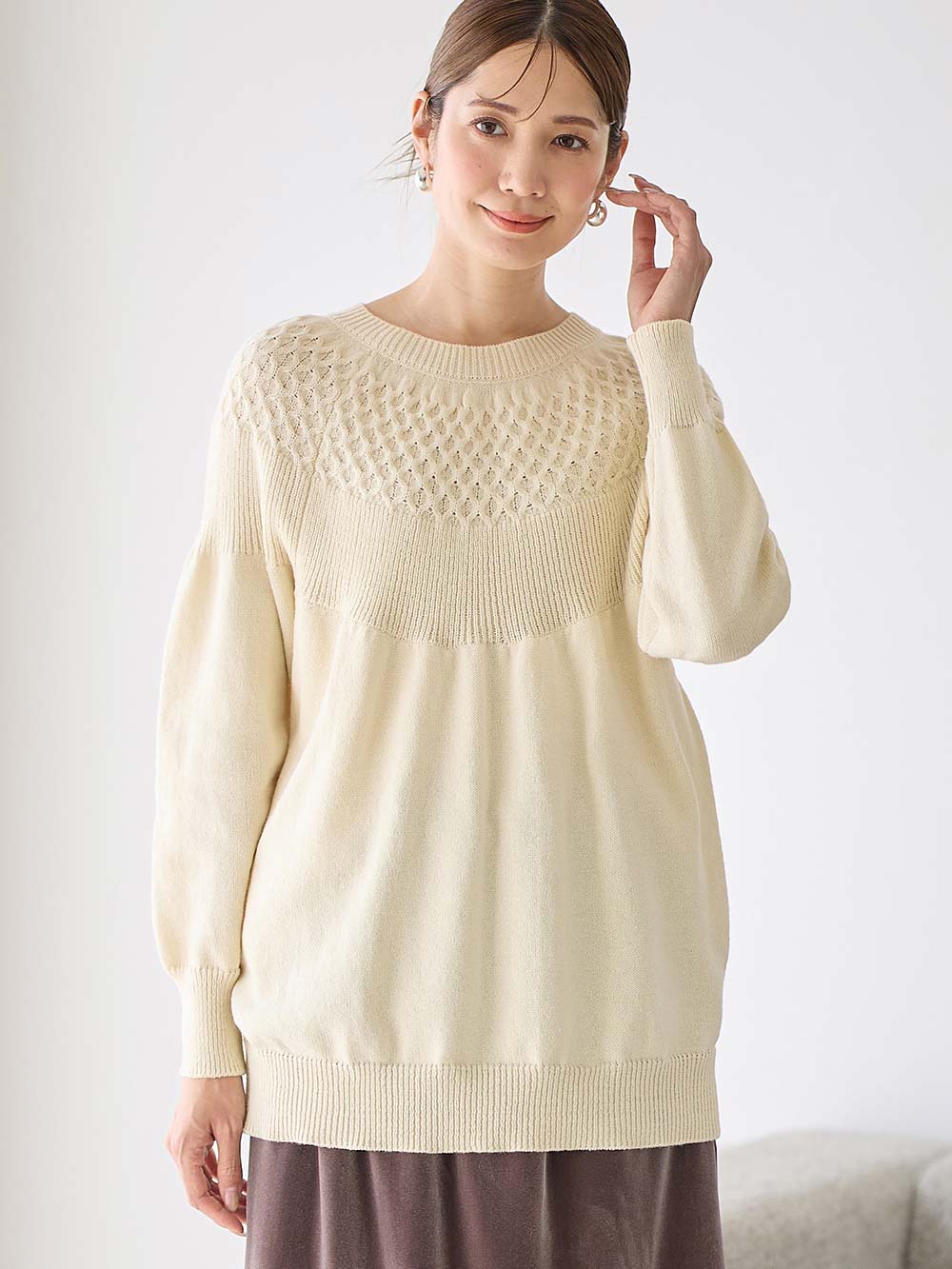 マタニティ トップス|ニットジャガードチュニック　マタニティ・産後授乳服【出産後も長く使える】Rosemadame（ローズマダム）|アイボリー