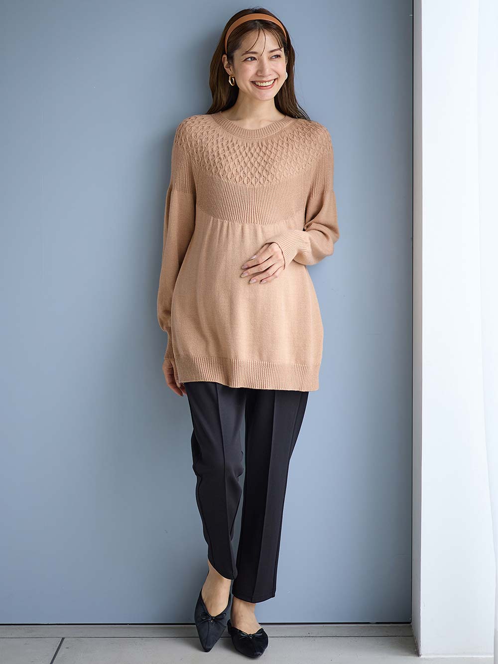 マタニティ トップス|ニットジャガードチュニック　マタニティ・産後授乳服【出産後も長く使える】Rosemadame（ローズマダム）|ベージュ