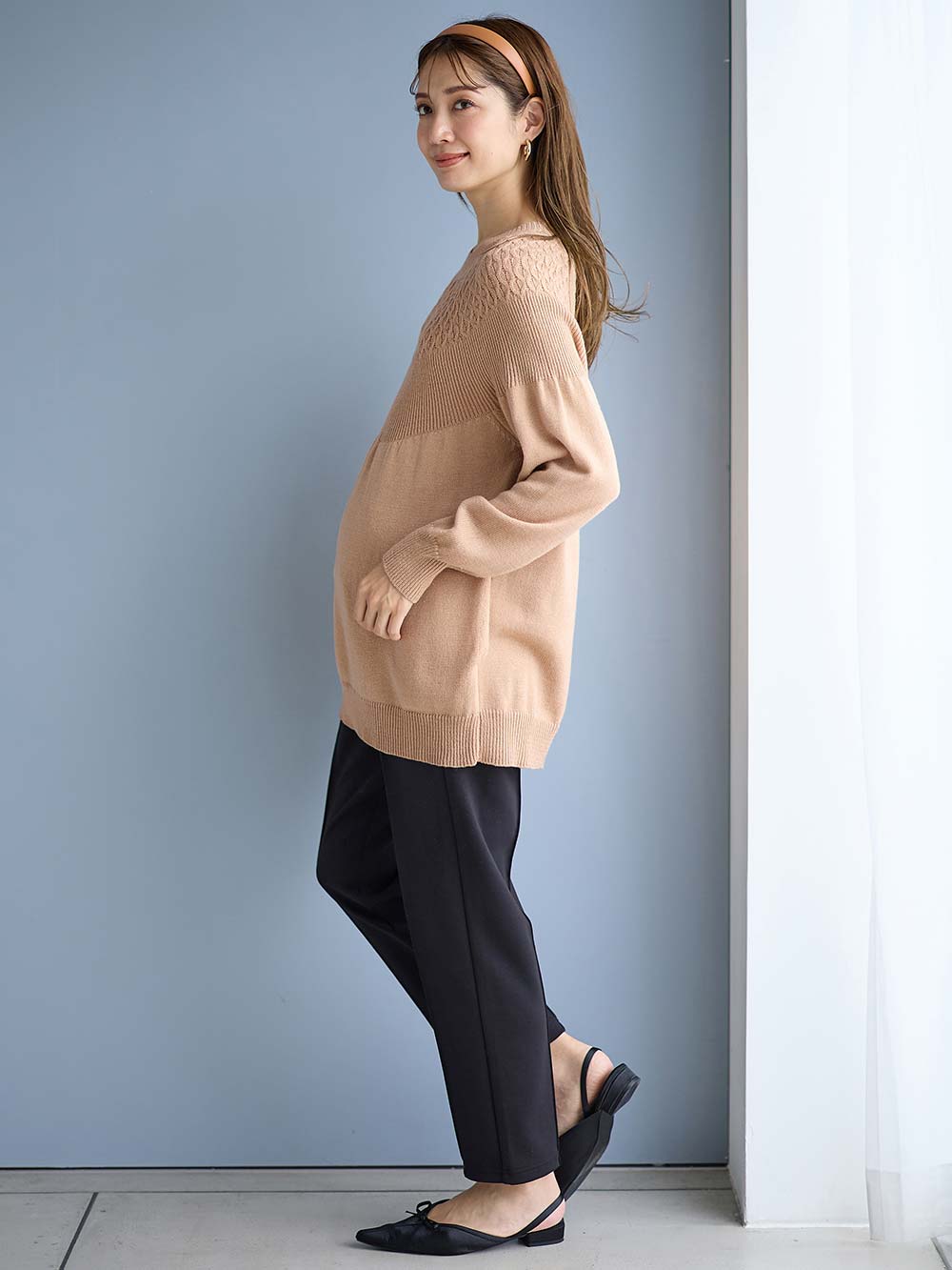 マタニティ トップス|ニットジャガードチュニック　マタニティ・産後授乳服【出産後も長く使える】Rosemadame（ローズマダム）|ベージュ