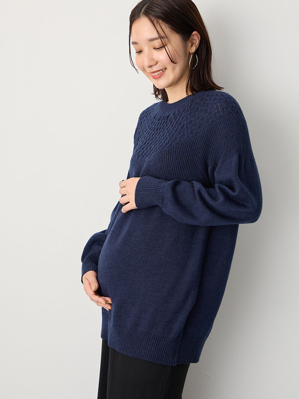 マタニティ トップス|ニットジャガードチュニック　マタニティ・産後授乳服【出産後も長く使える】Rosemadame（ローズマダム）|ネイビー
