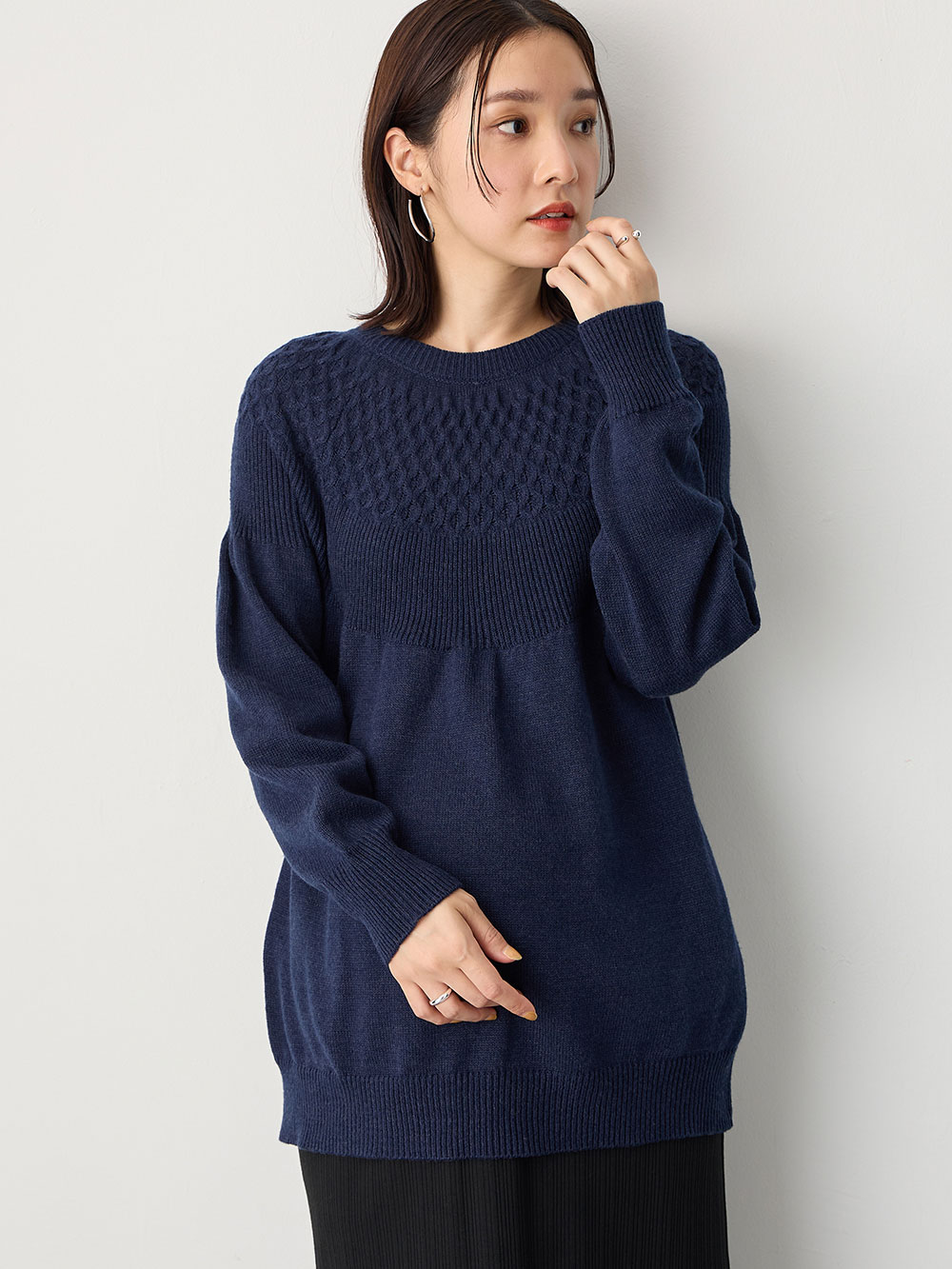 マタニティ トップス|ニットジャガードチュニック　マタニティ・産後授乳服【出産後も長く使える】Rosemadame（ローズマダム）|ネイビー